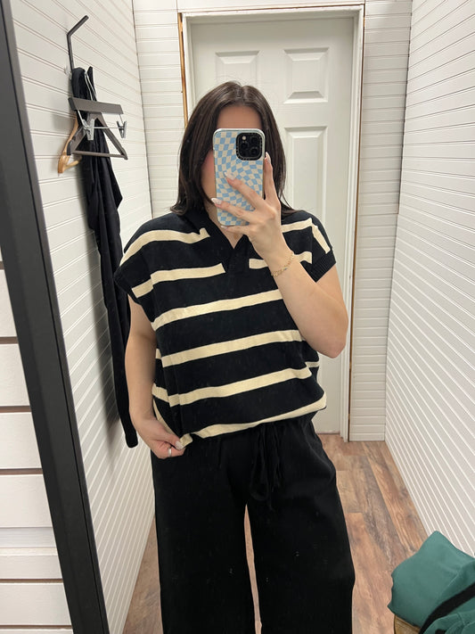 Luxe Knit Striped Sweater Top - Black
